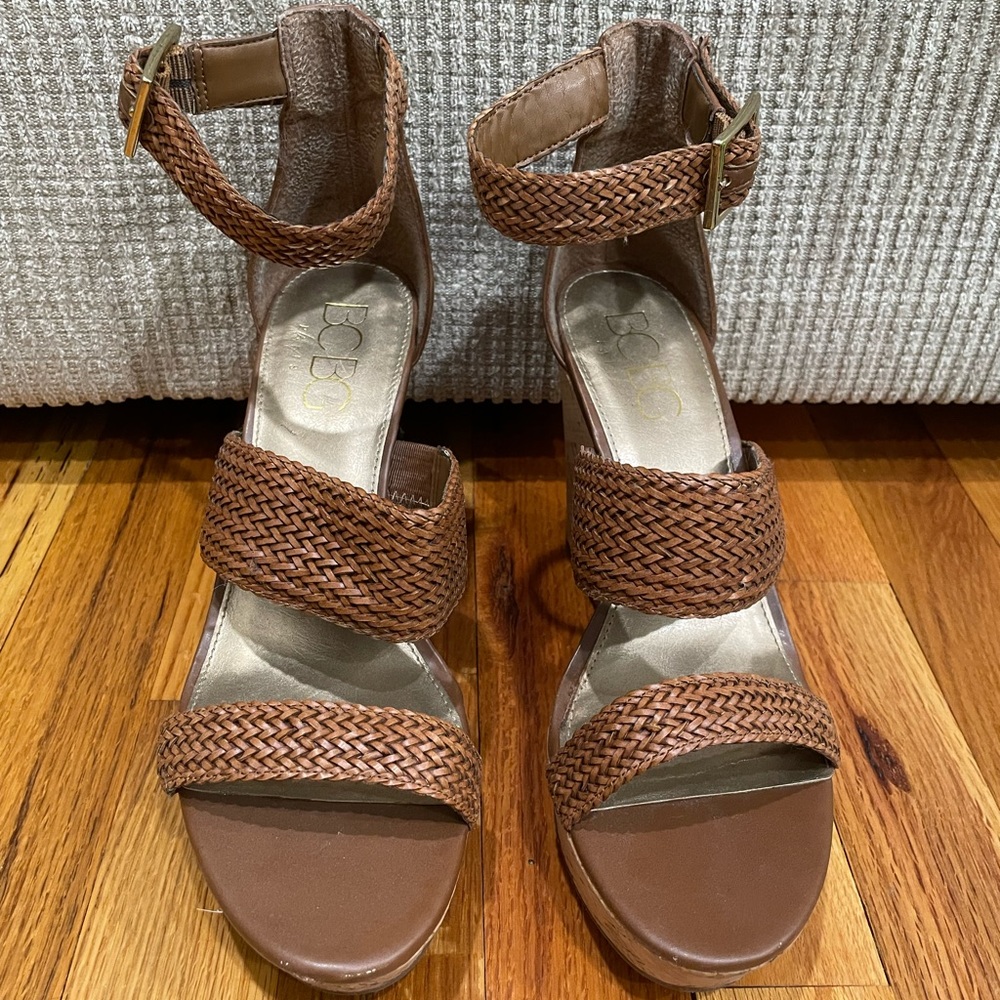 Bcbg Shoes Size 9 B Brown Woven Cork Wedges Platform Strappy Ankle